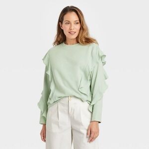 NWT XS Women's‎ Ruffle Crew Neck Sweatshirt Light Green A New Day